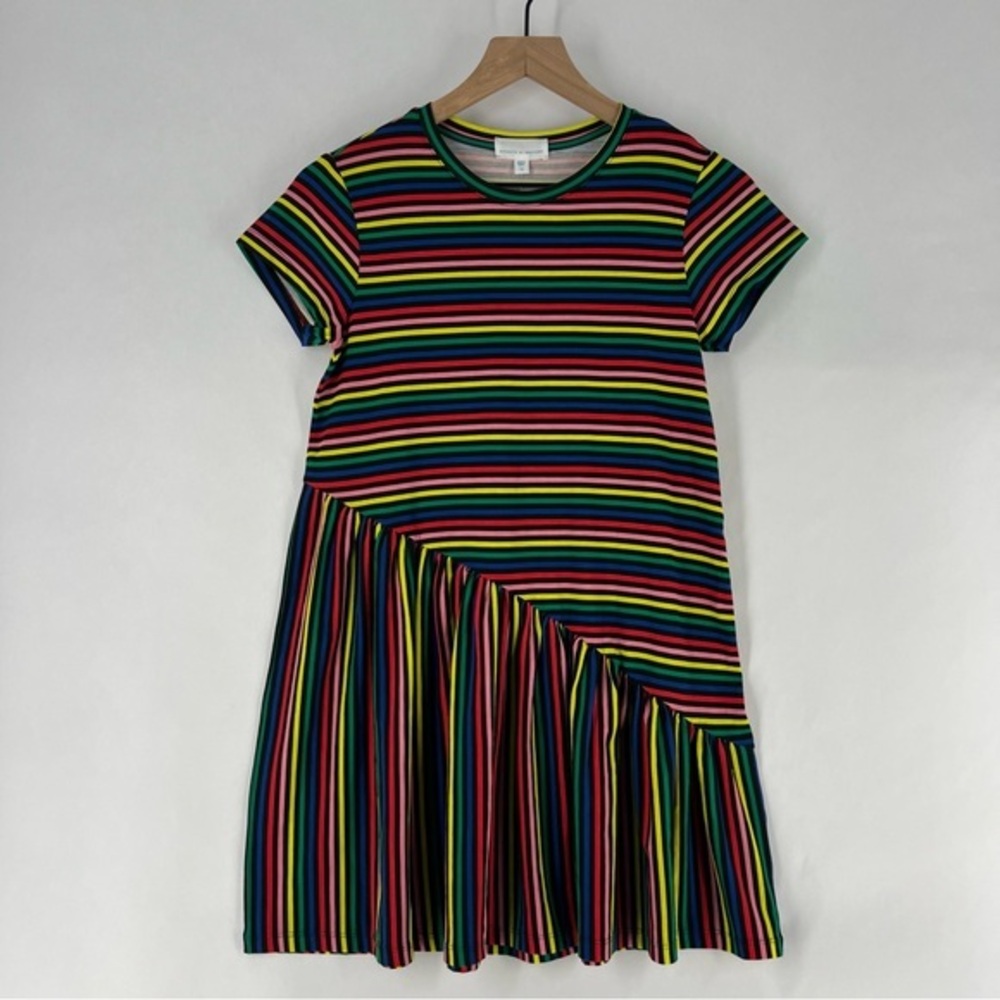 Rockets of Awesome Rainbow Striped Slanted Drop Waist Short Sleeve Shift Dress
